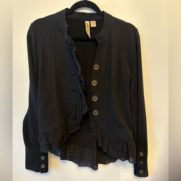 Eyeshadow Jackets & Blazers - Military/Gothic Eyeshadow Black Ruffled High-Low Hem Jacket - Size M